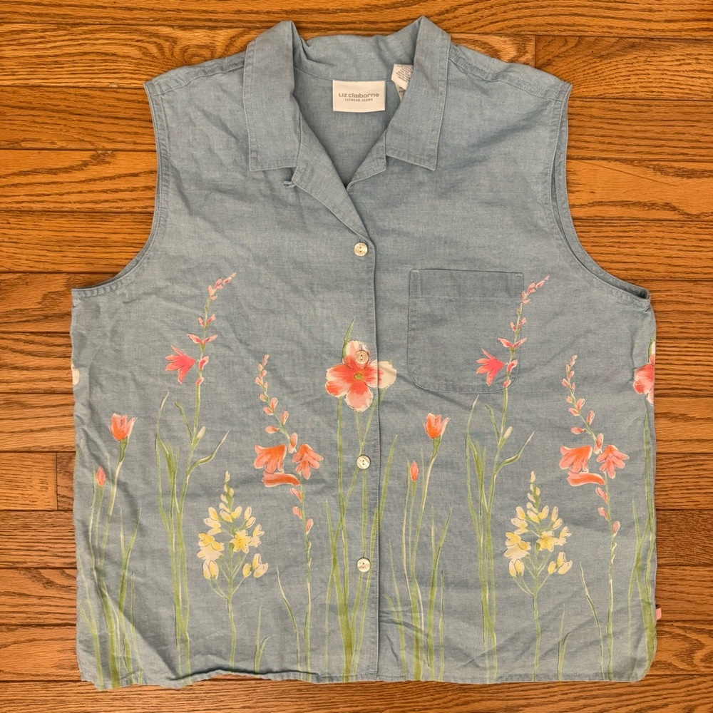 Liz Claiborne Light Blue Denim Shirt with Flower Accents at the Bottom